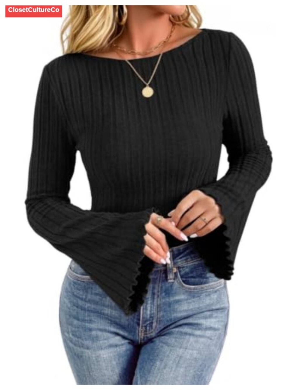 Women's Bell Sleeve Boat Neck Knit Sweater Top Long Sleeve Fall Shirt